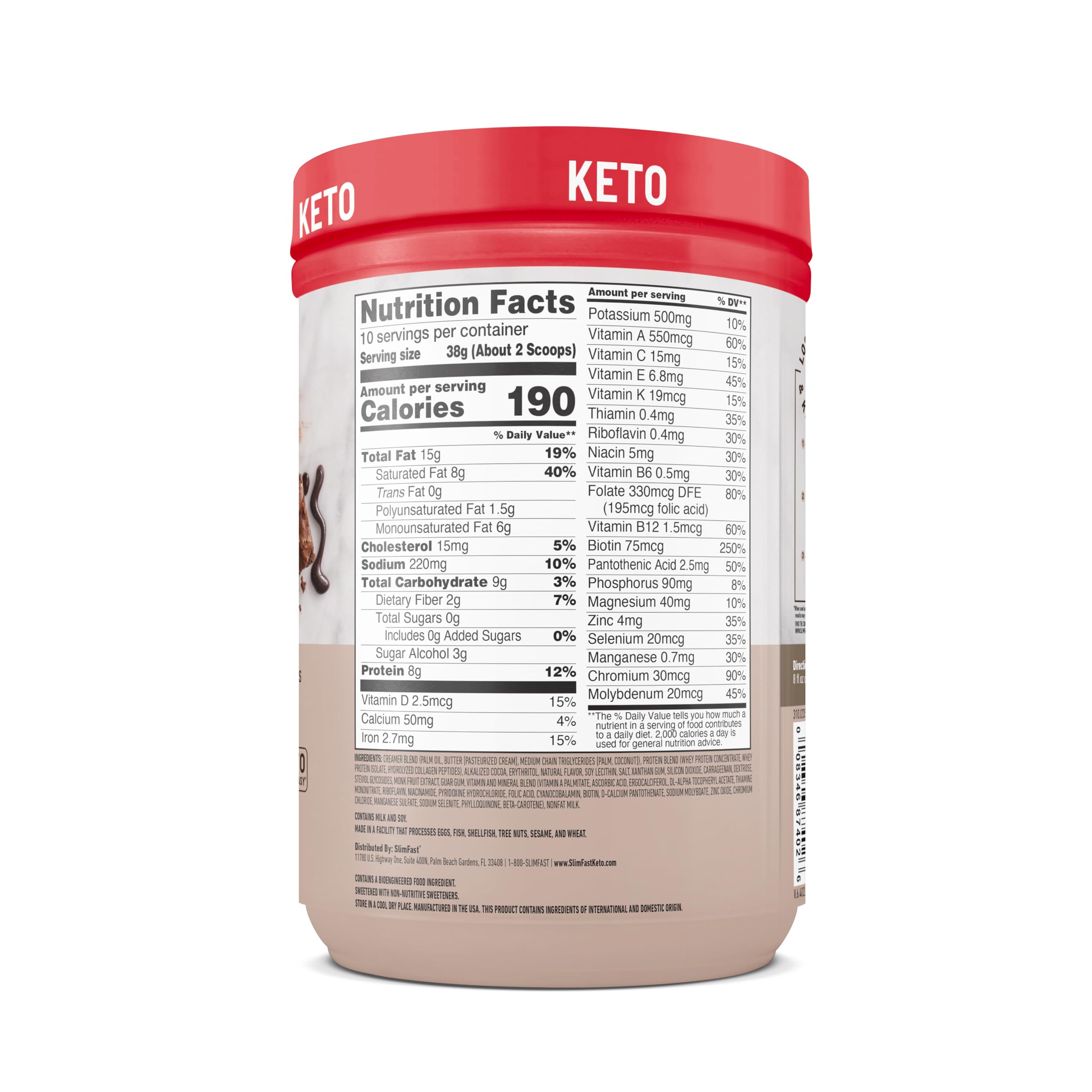 Gluten-free label on SlimFast Keto Shake packaging with clear ingredients