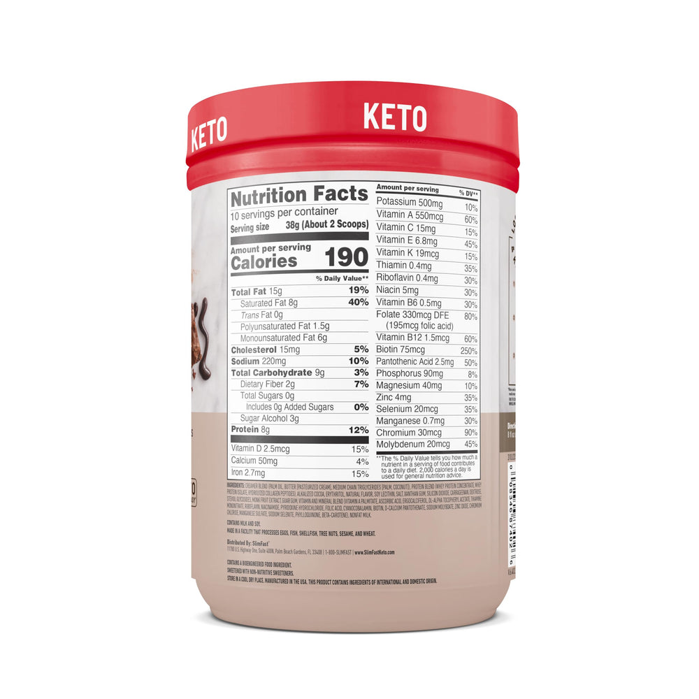Gluten-free label on SlimFast Keto Shake packaging with clear ingredients