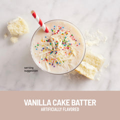 Glass with SlimFast Keto Vanilla Cake Batter shake showing creamy texture