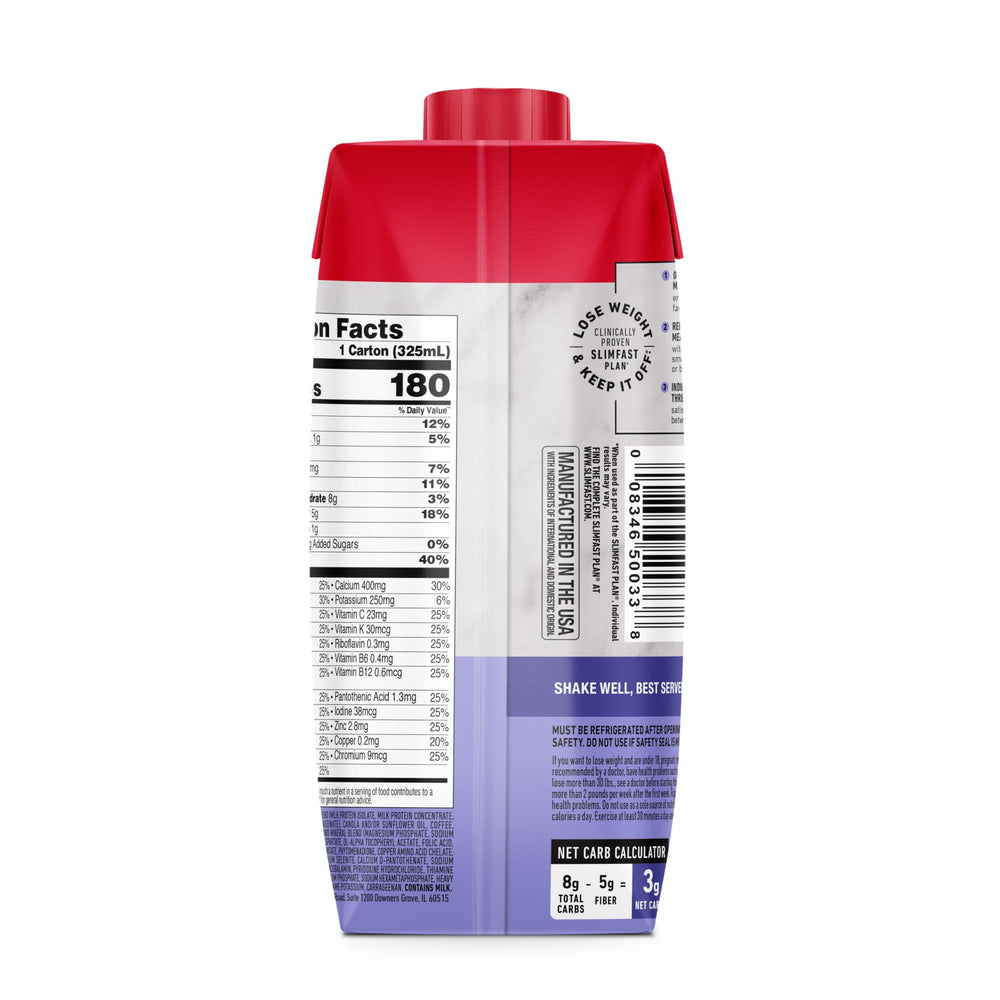 Low-carb diet-friendly SlimFast shake in a convenient bottle.