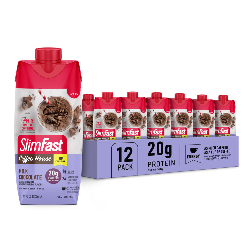 SlimFast Milk Chocolate bottle—ready-to-drink protein for busy mornings