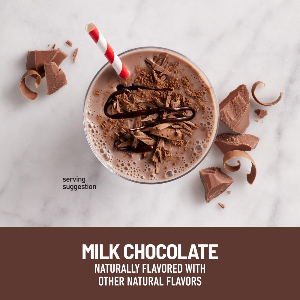 SlimFast Milk Chocolate shake glass—20g protein per serving for balance
