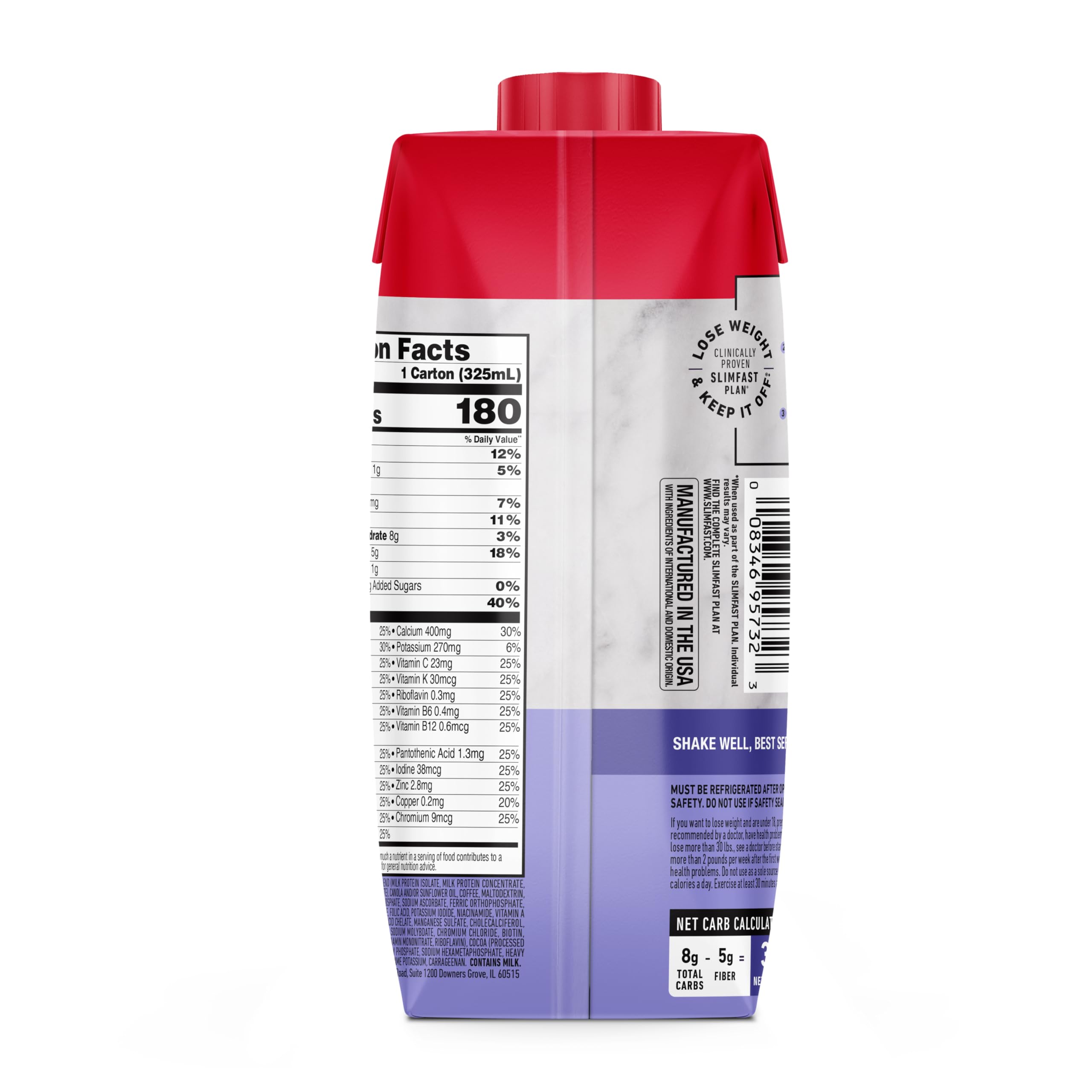 Mocha Latte SlimFast bottle highlighting gluten-free and low sugar features
