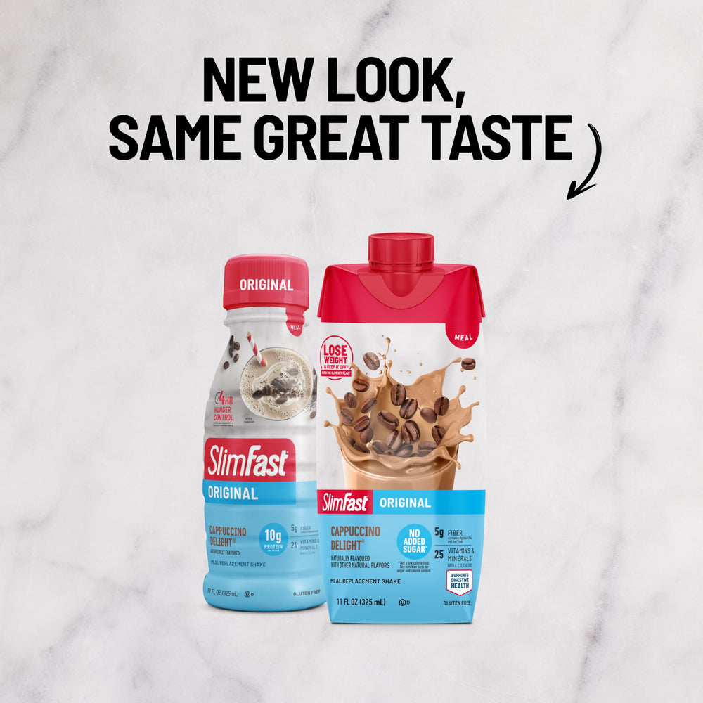 SlimFast Original Cappuccino Delight packaging box highlighting convenient bottle