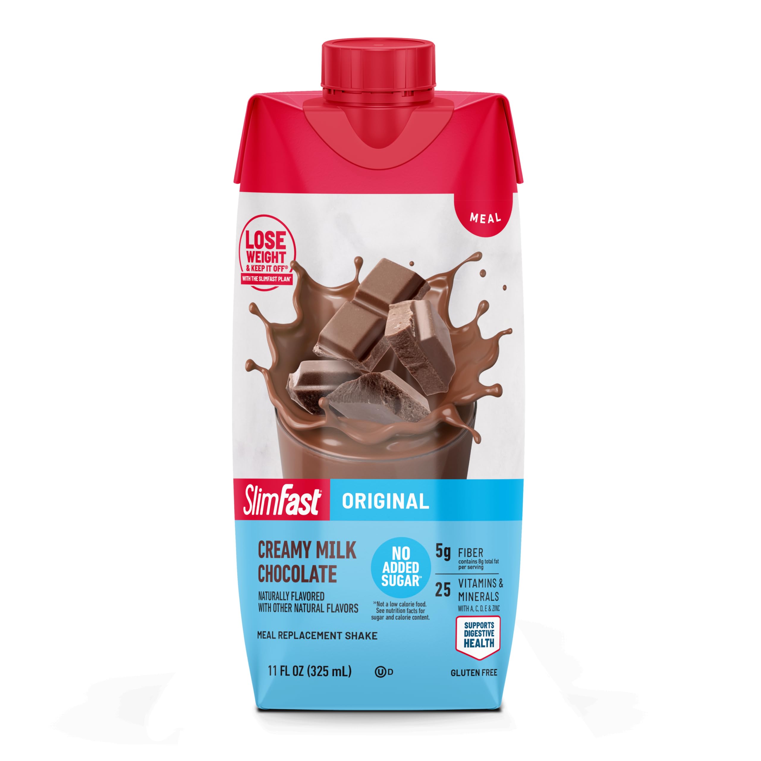 SlimFast Original Milk Chocolate bottle with splash conveys creamy texture.