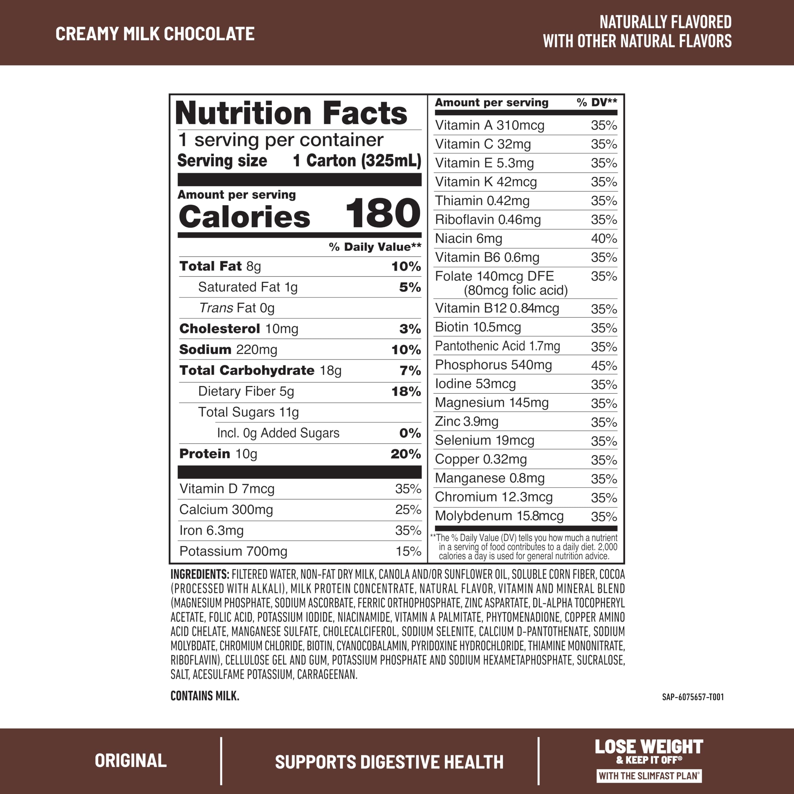 SlimFast Original Milk Chocolate glass pour highlights rich flavor and 10g protein.