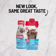 SlimFast Original packaging front emphasizes no added sugar and convenient 12-count.