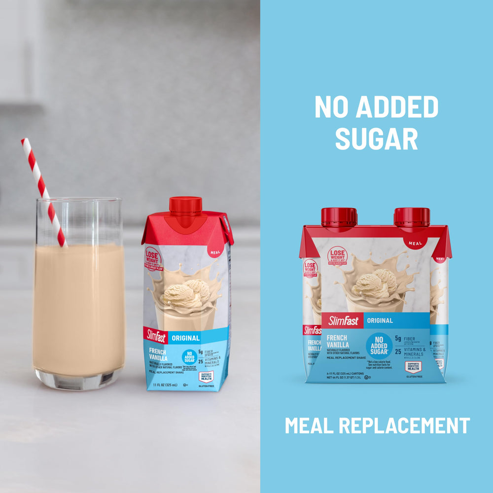 SlimFast Original Rich Chocolate Royale bottle beside a snack tray for a reliable snack