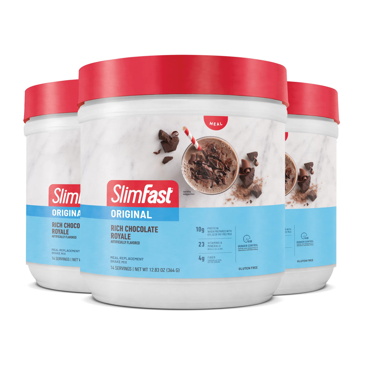 SlimFast Original Rich Chocolate Royale front packaging showing convenient meal replacement option