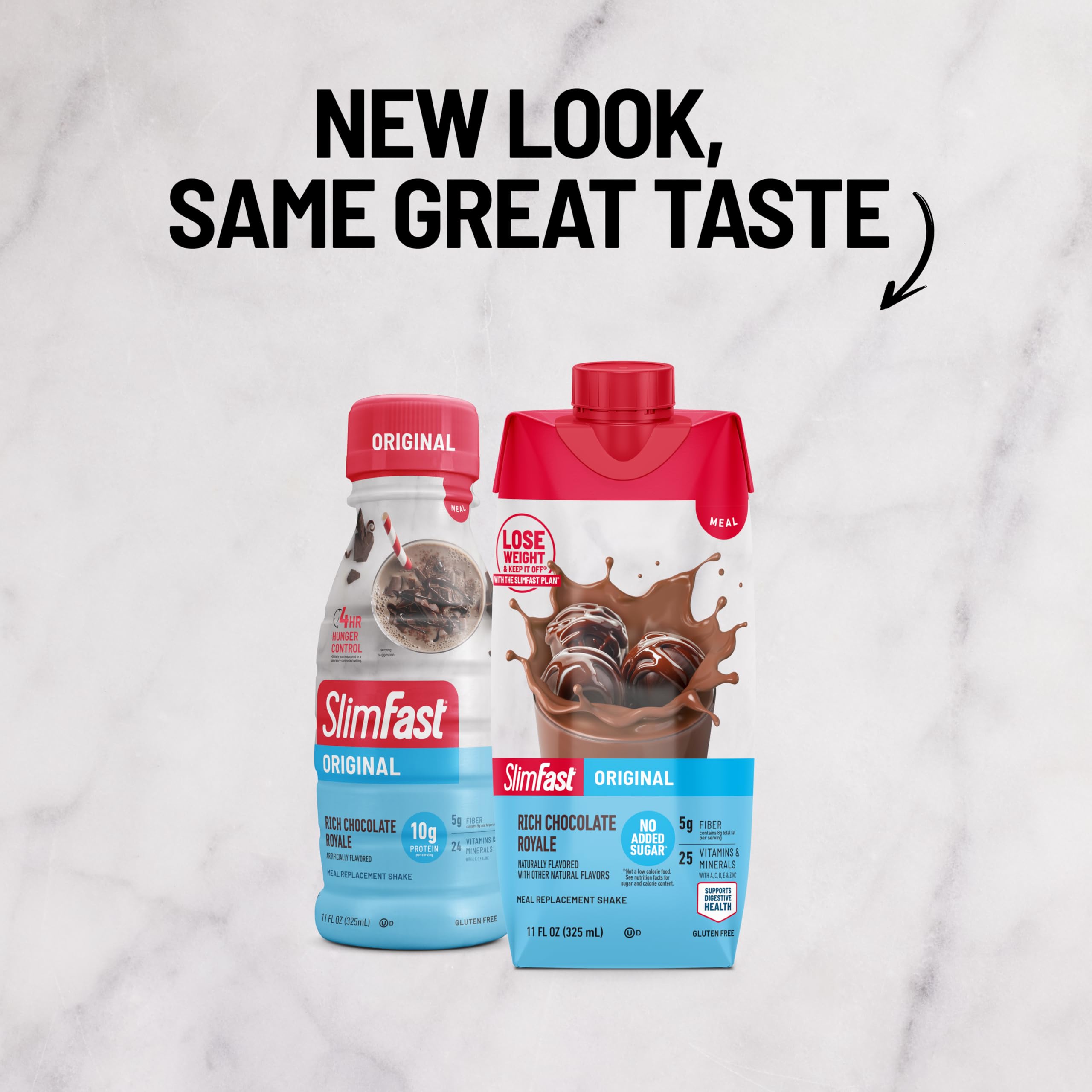 SlimFast Original Rich Chocolate Royale nutrition label displayed for balanced daily intake.