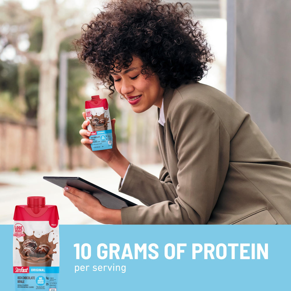 SlimFast Original Rich Chocolate Royale ready-to-drink shake beside a glass for a convenient meal.