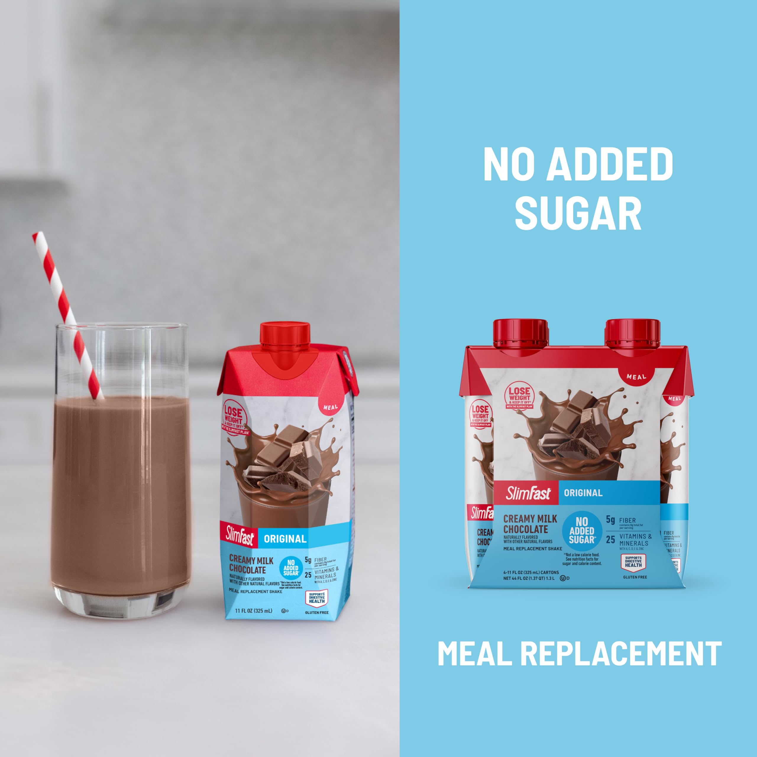 SlimFast Original serving view on desk ideal for on-the-go breakfast.