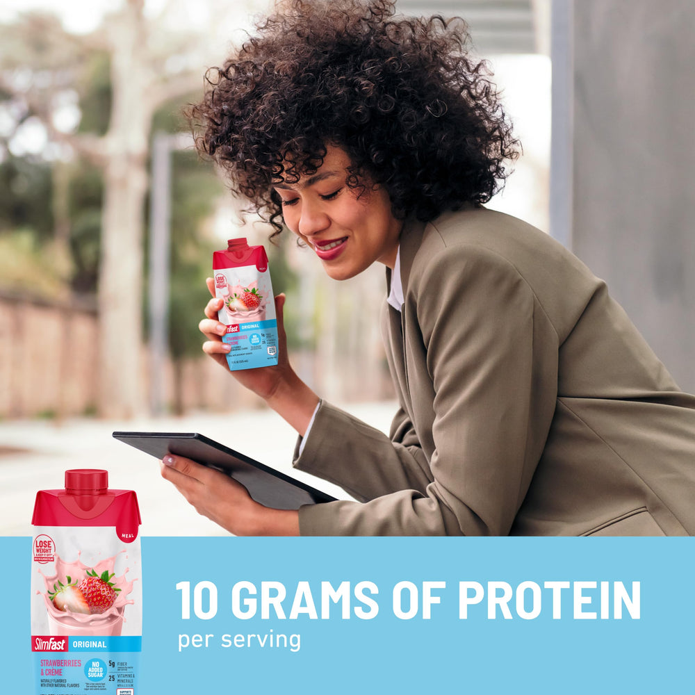 Flavor lineup for SlimFast Original Strawberries & Creme shows five options