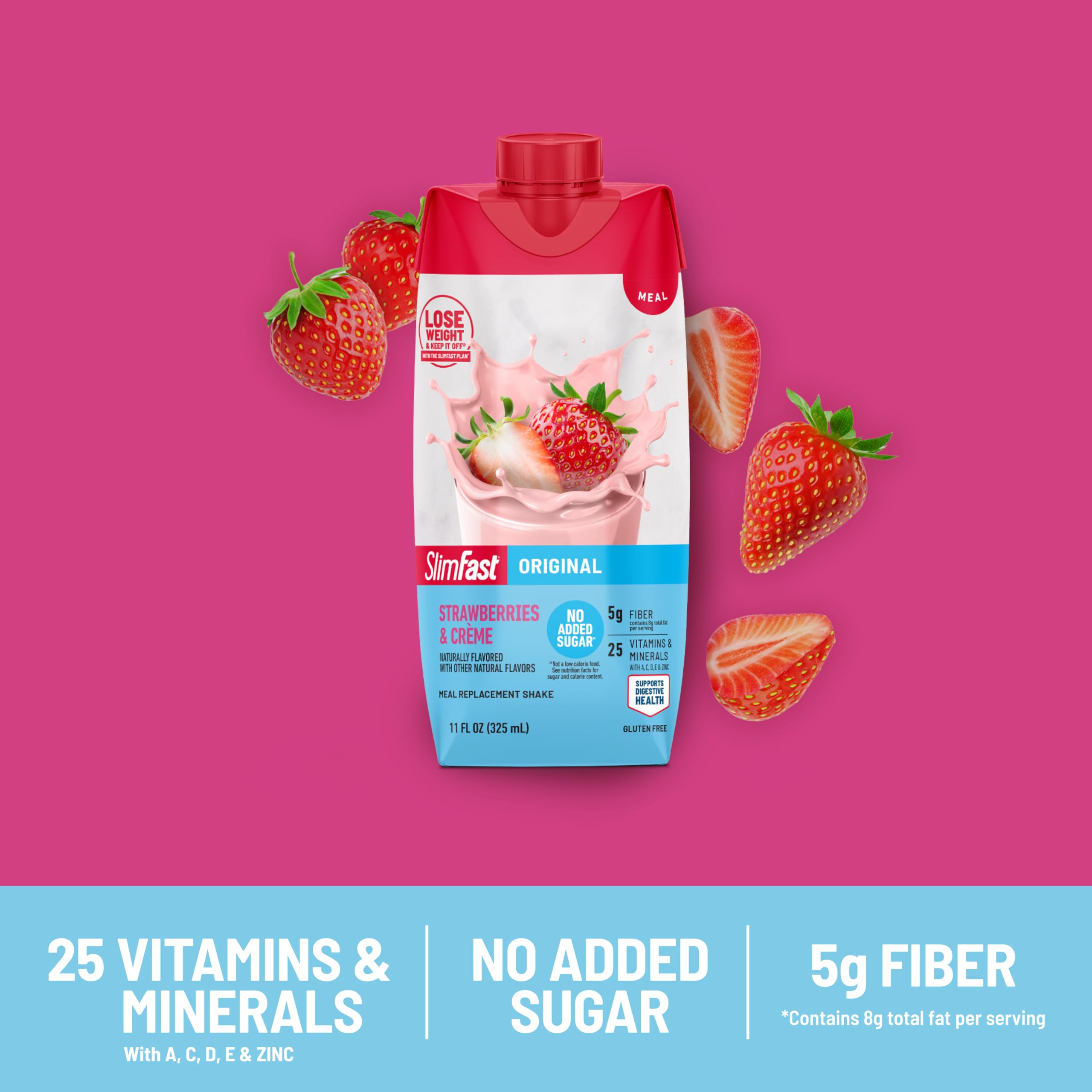 SlimFast Original Strawberries & Creme label emphasizes essential vitamins and minerals