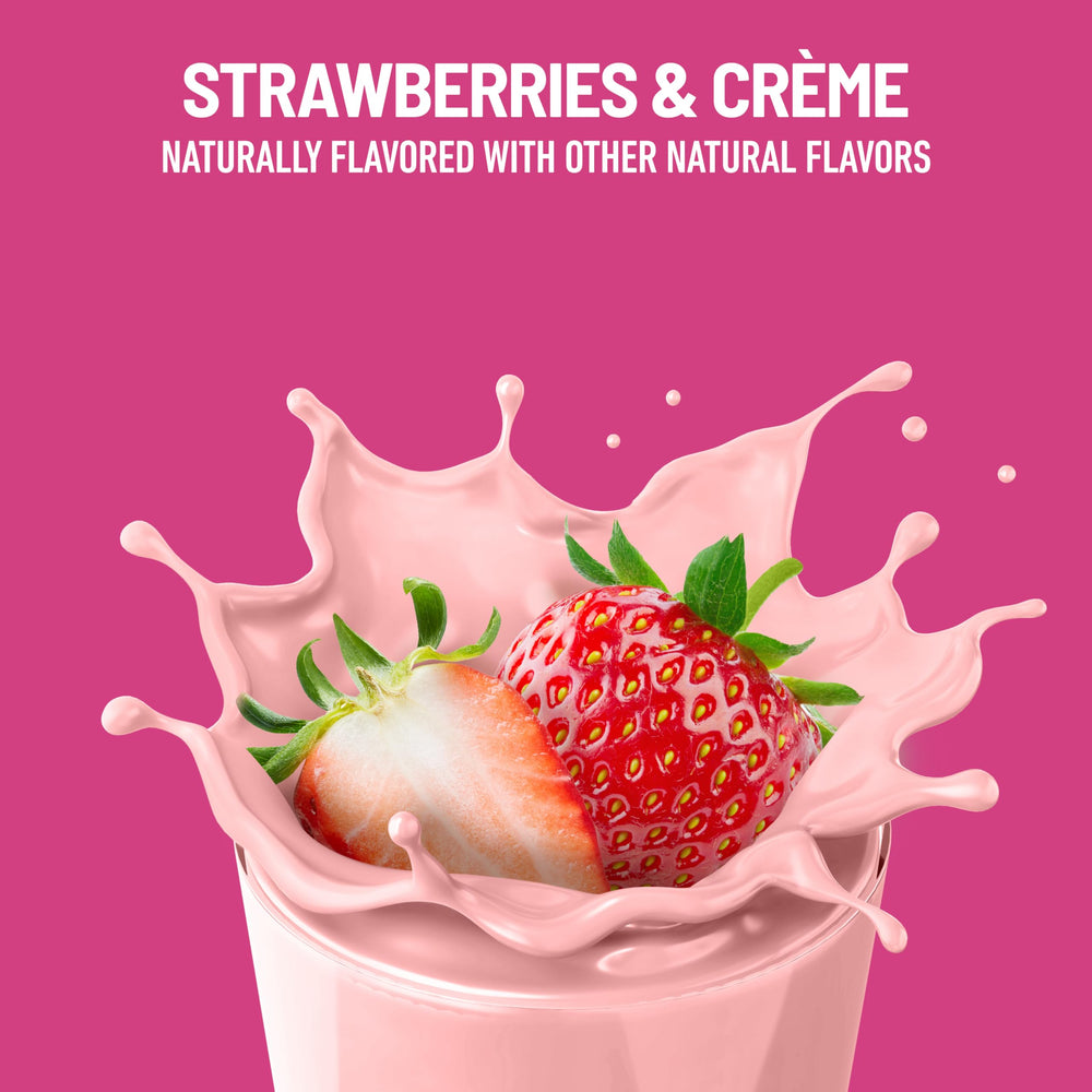 Nutrition facts panel on SlimFast Original Strawberries & Creme highlights protein and fiber