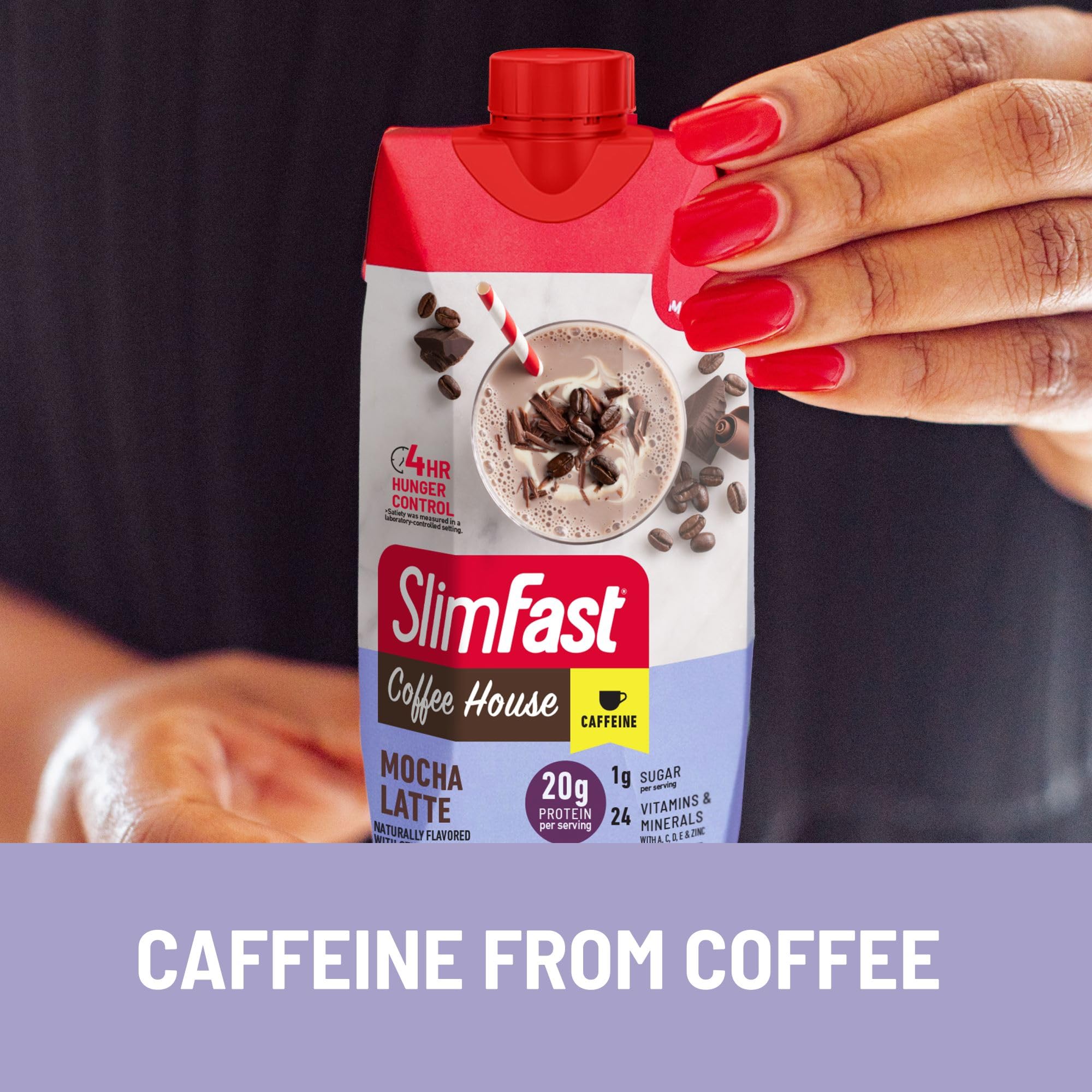 Glass with SlimFast shake and coffee cup, caffeine boost for mornings