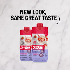 Pouring SlimFast strawberry shake into a glass highlights creamy texture