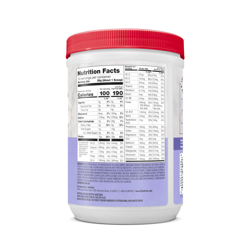 SlimFast Vanilla Cream powder-pack packaging highlights flavor versatility.