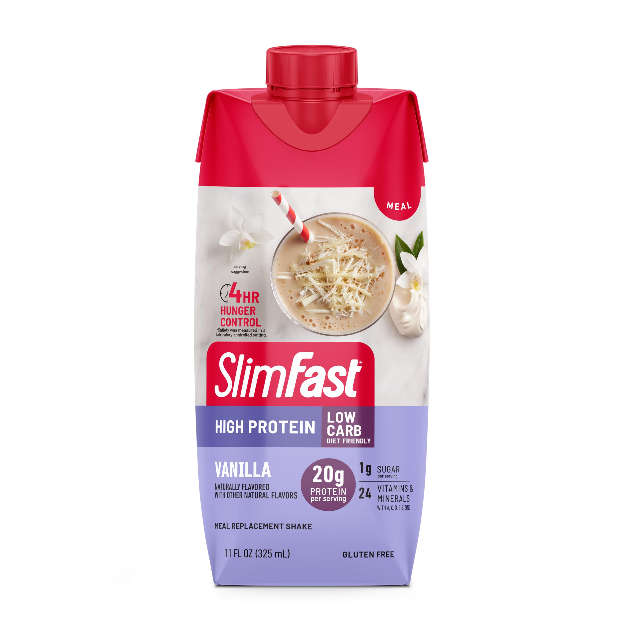 SlimFast Vanilla carton displays twelve-pack for family-friendly meals