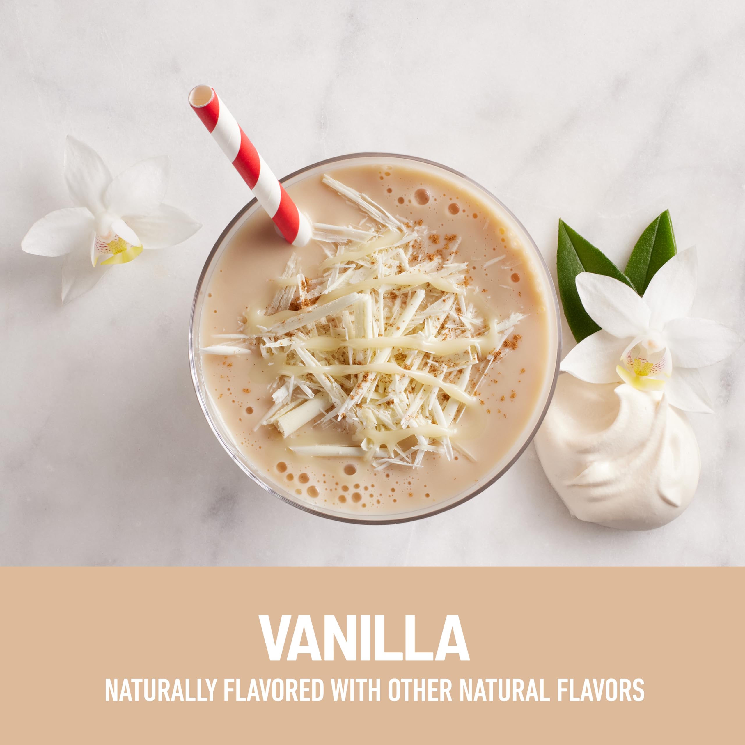 Close-up of SlimFast Vanilla label highlights 20g protein per serving