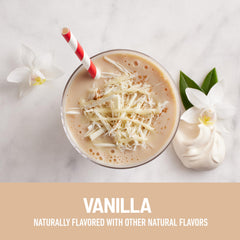 Close-up of SlimFast Vanilla label highlights 20g protein per serving
