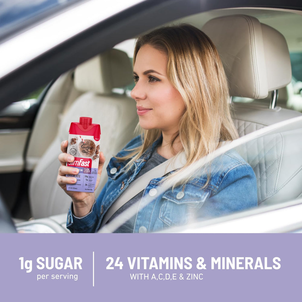 Glass of SlimFast Vanilla shake reveals rich color and smooth consistency
