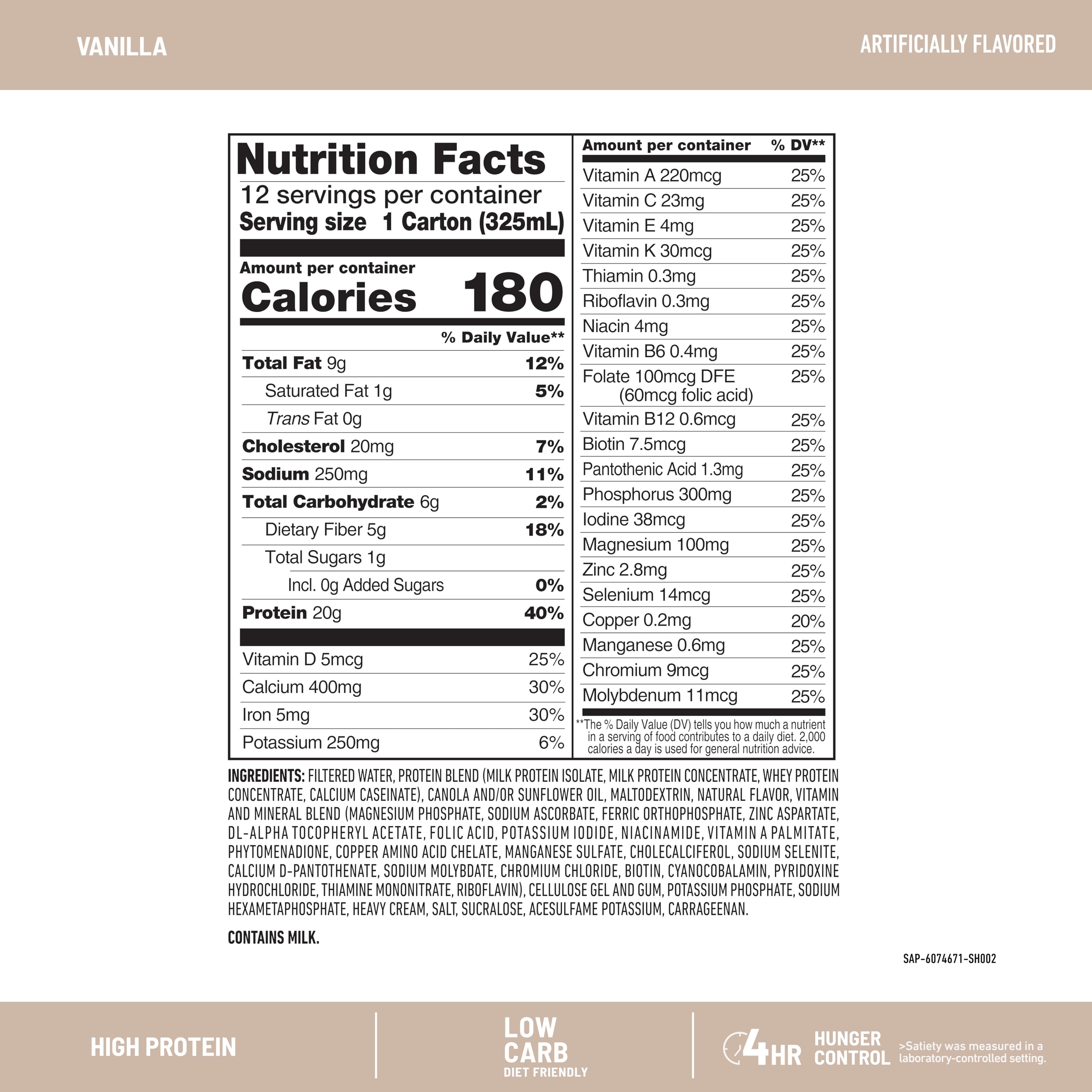 SlimFast Vanilla packaging emphasizes gluten-free and low-carb benefits
