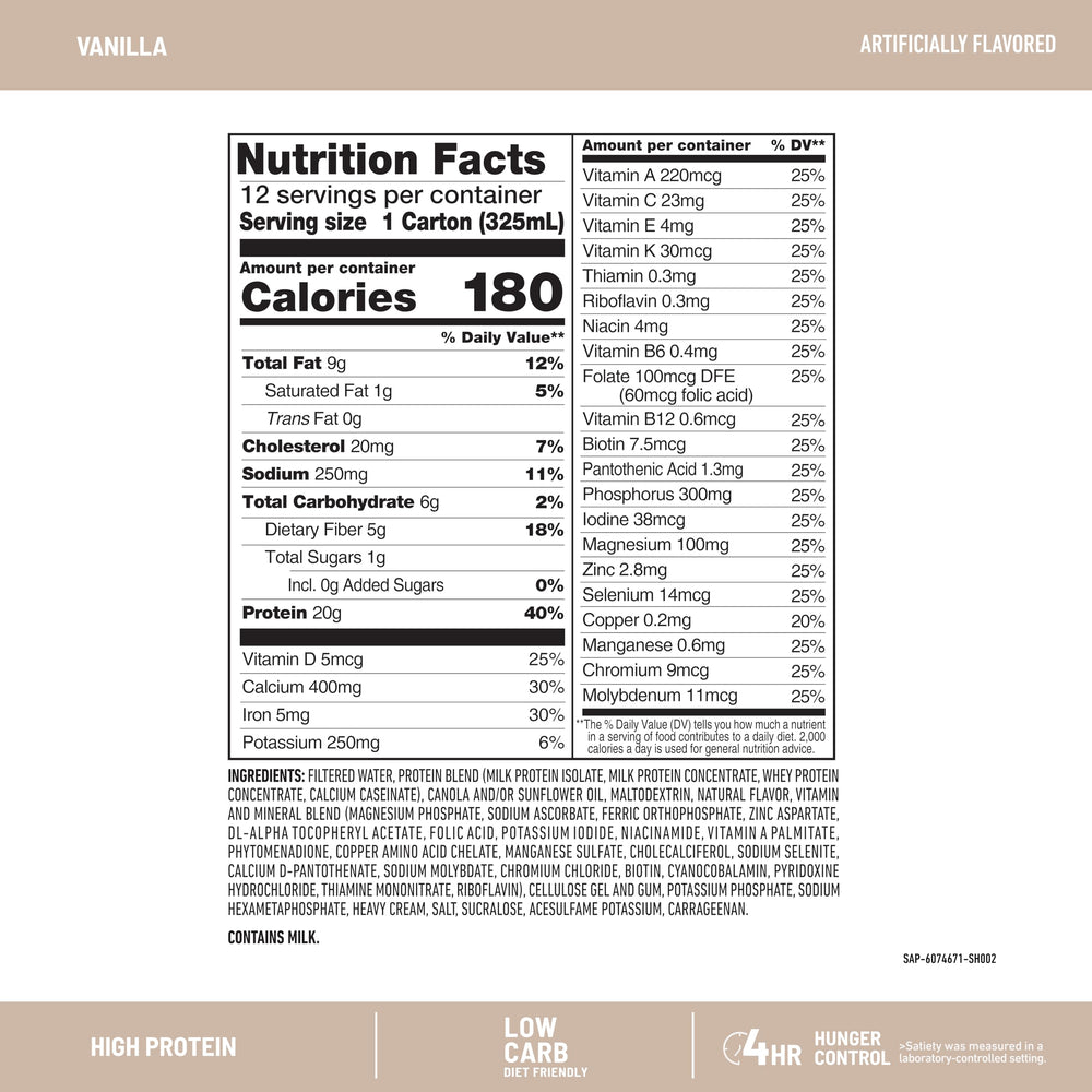 SlimFast Vanilla packaging emphasizes gluten-free and low-carb benefits