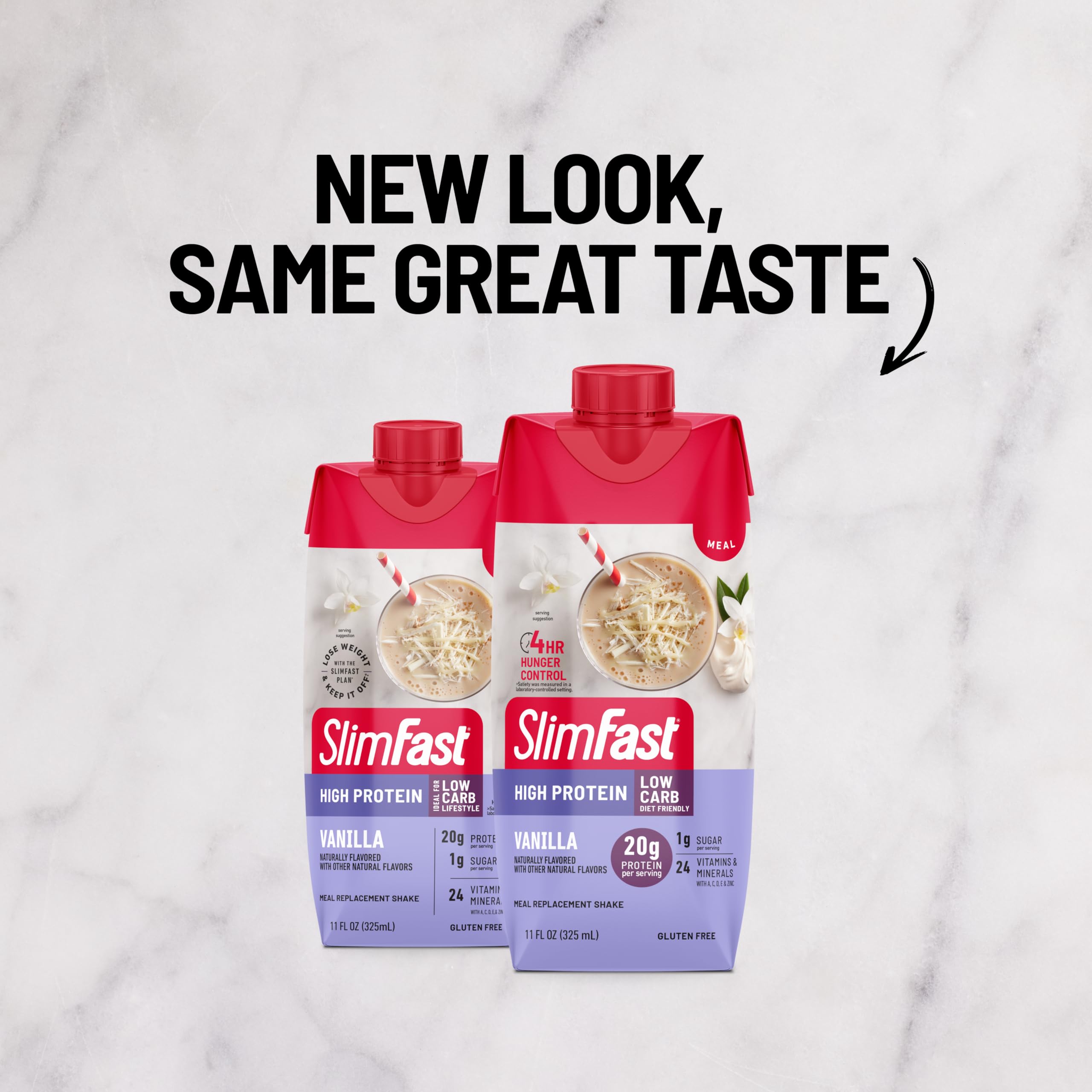 Pouring SlimFast Vanilla shake shows creamy texture for quick breakfast