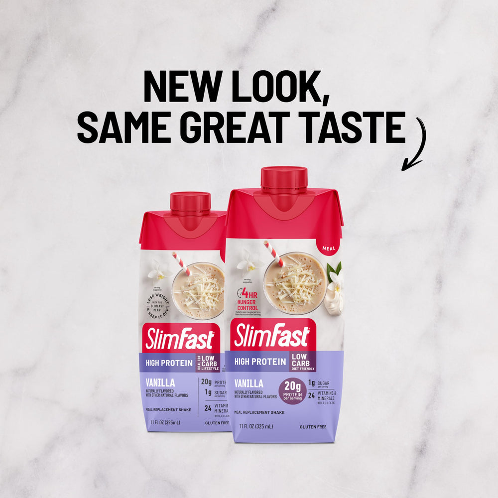Pouring SlimFast Vanilla shake shows creamy texture for quick breakfast
