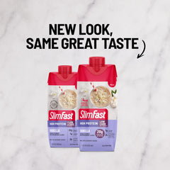 Pouring SlimFast Vanilla shake shows creamy texture for quick breakfast