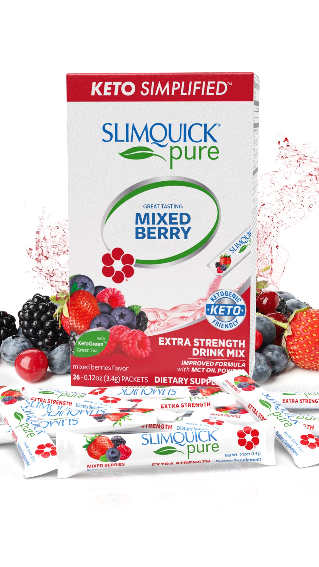 Slimquick Pure 3x extra-strength mixed berry drink mix bottle pour for metabolism support