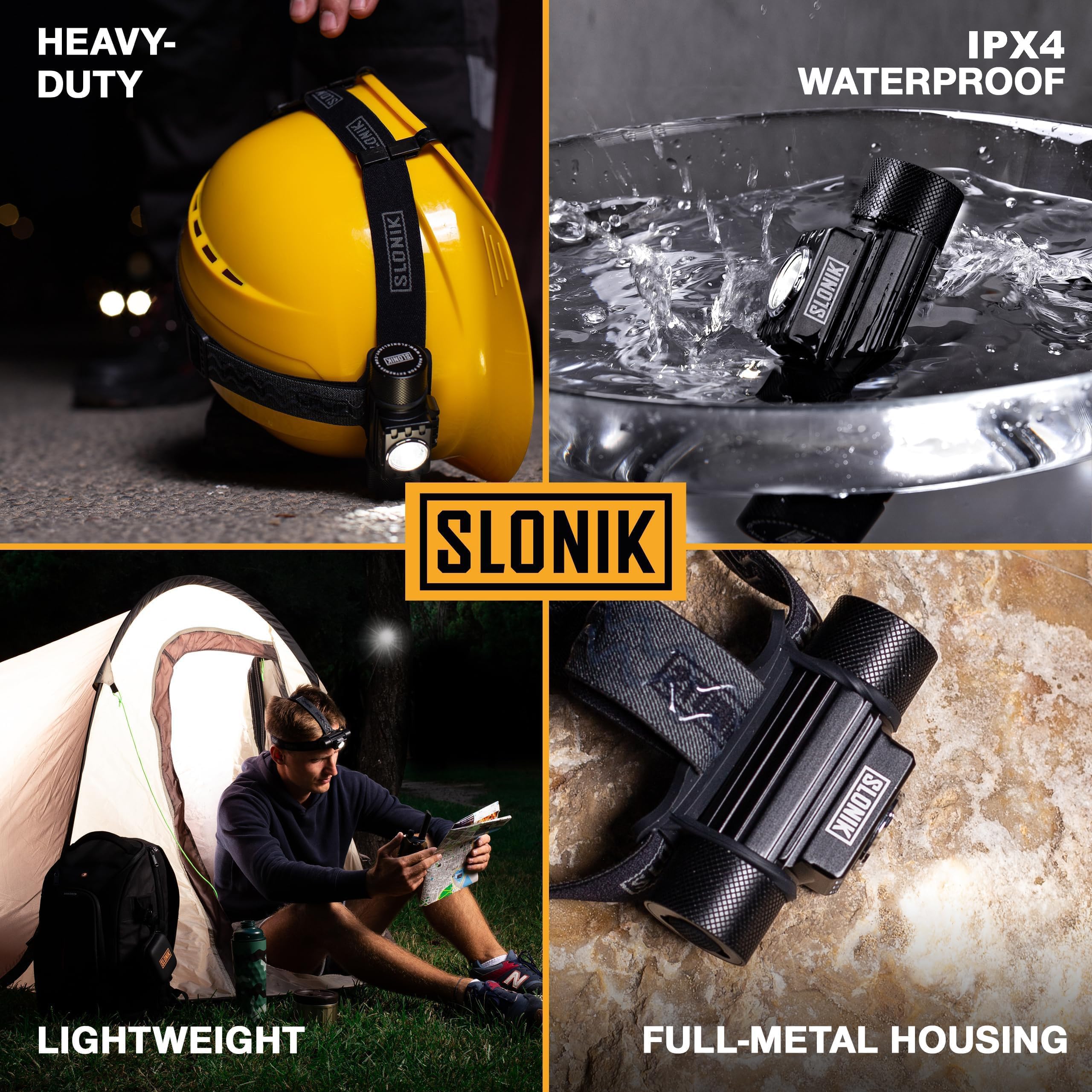 SLONIK headlamp IPX4 rating reassures reliability in rain or splashes