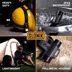 SLONIK headlamp IPX4 rating reassures reliability in rain or splashes