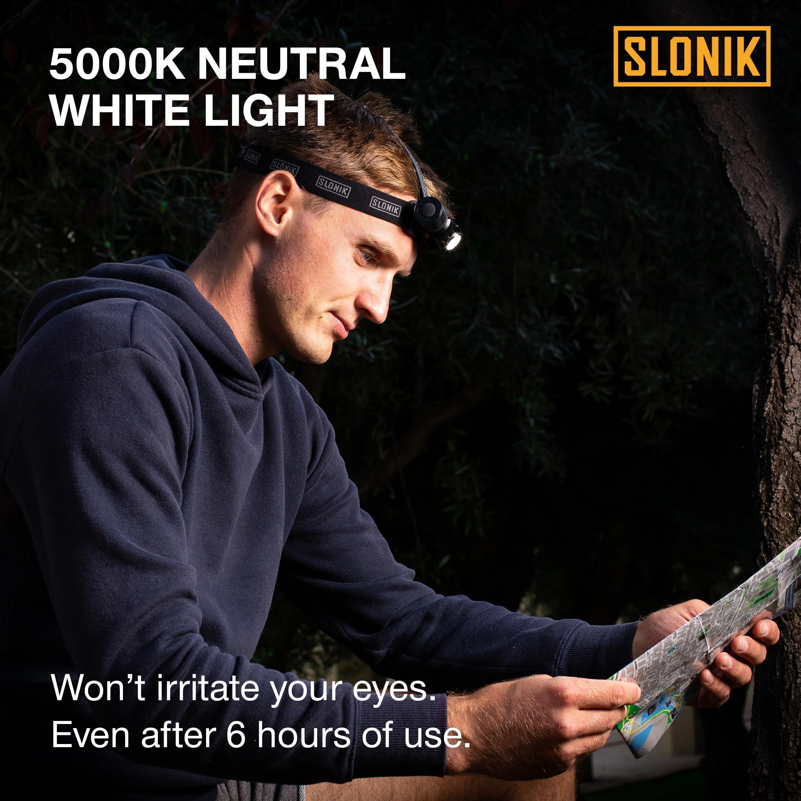 SLONIK headlamp strap-front view shows hands-free lighting for camping