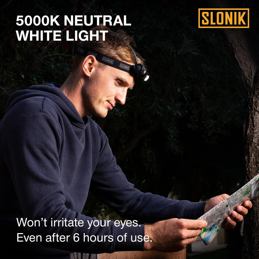 SLONIK headlamp strap-front view shows hands-free lighting for camping