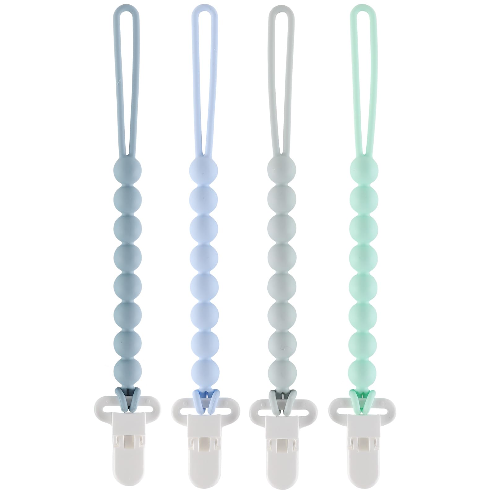 Slotic four-pack silicone pacifier clips in blue, keeps pacifiers clean and within reach.