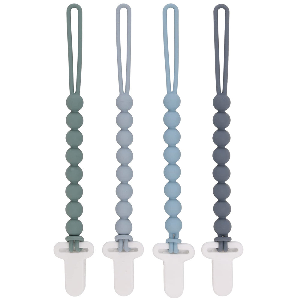 Slotic four-pack silicone pacifier clips in grey shown in a pack shot for mess-free pacifier storage