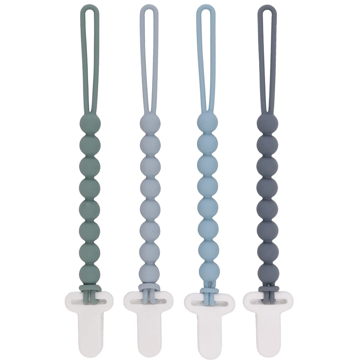 Slotic four-pack silicone pacifier clips in grey shown in a pack shot for mess-free pacifier storage