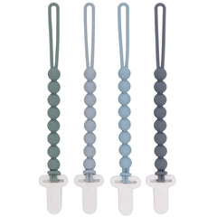 Slotic four-pack silicone pacifier clips in grey shown in a pack shot for mess-free pacifier storage