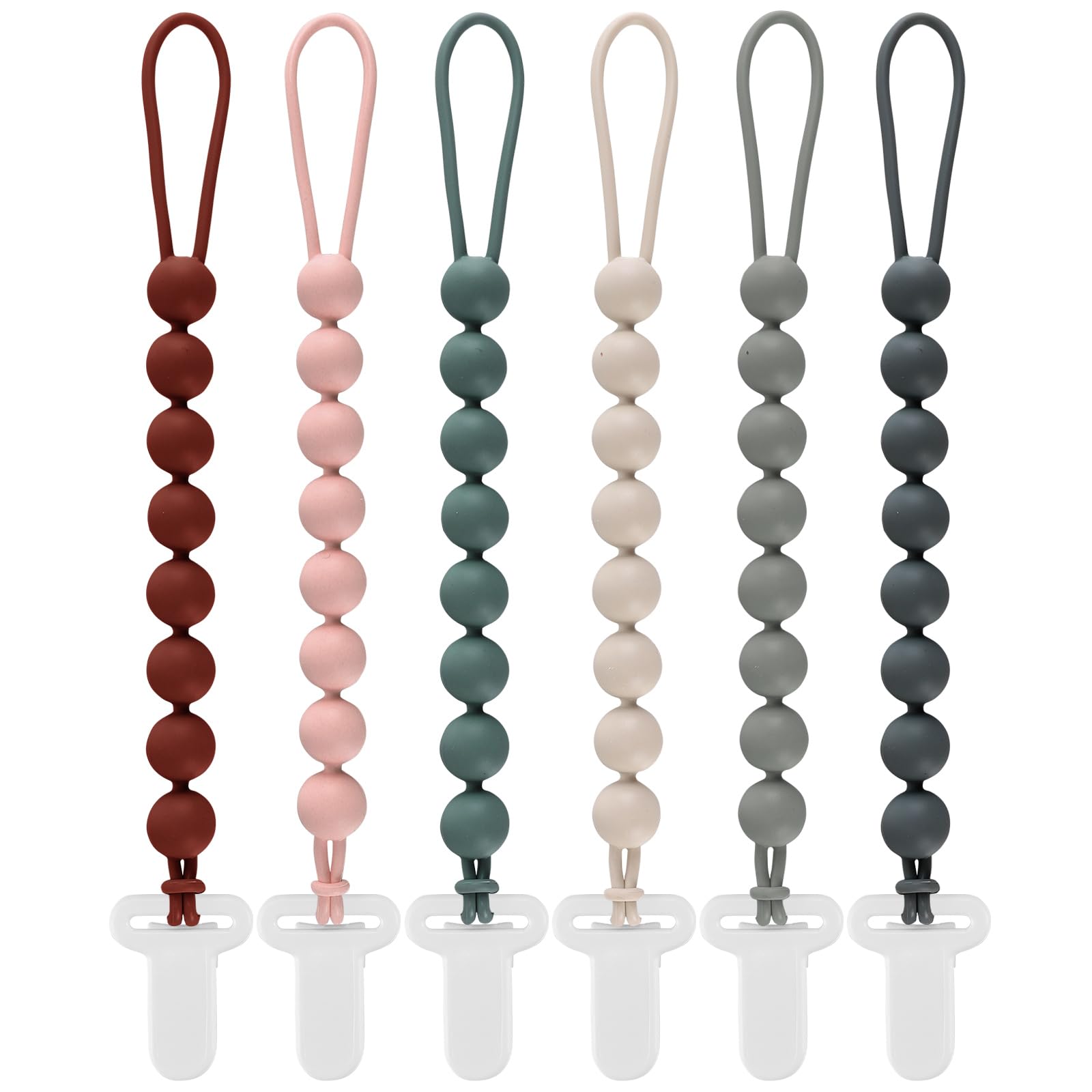 Slotic 6-pack silicone pacifier clips in assorted colors keep pacifiers within reach.