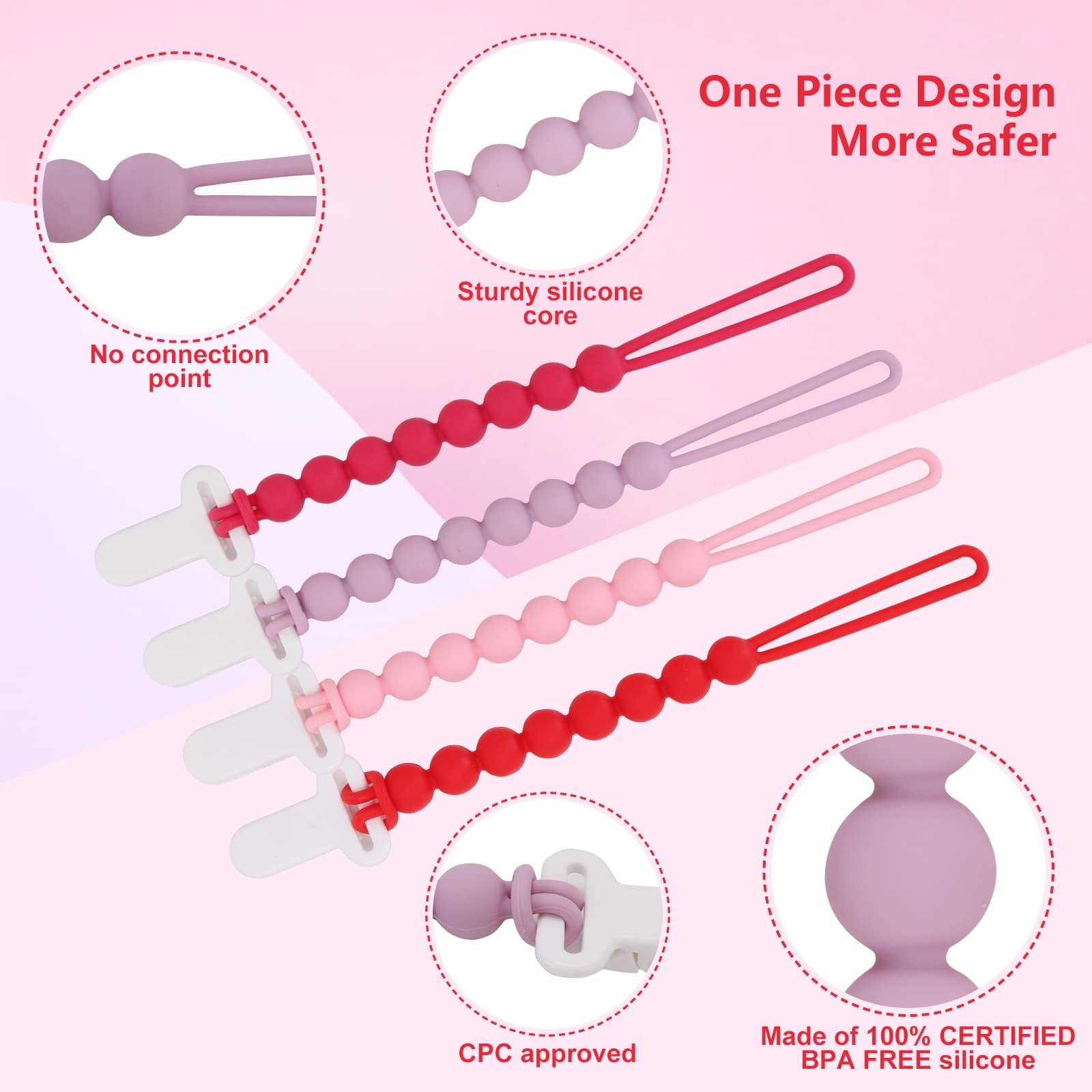Slotic pacifier clip pink silicone beads are food-grade and baby-safe