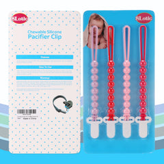 Slotic pacifier clip pink attached to baby clothing for on-the-go convenience