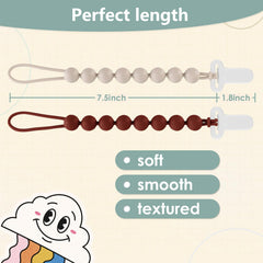 Slotic pacifier clip with teether beads close-up for teething relief.