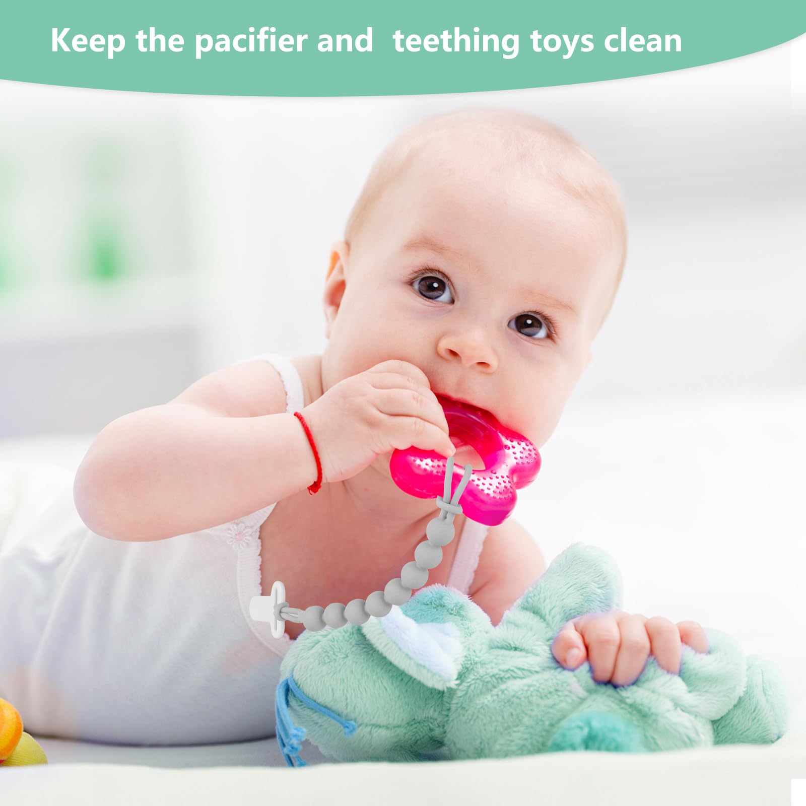 Slotic teething-stimulation texture on blue clip aids sore gums.