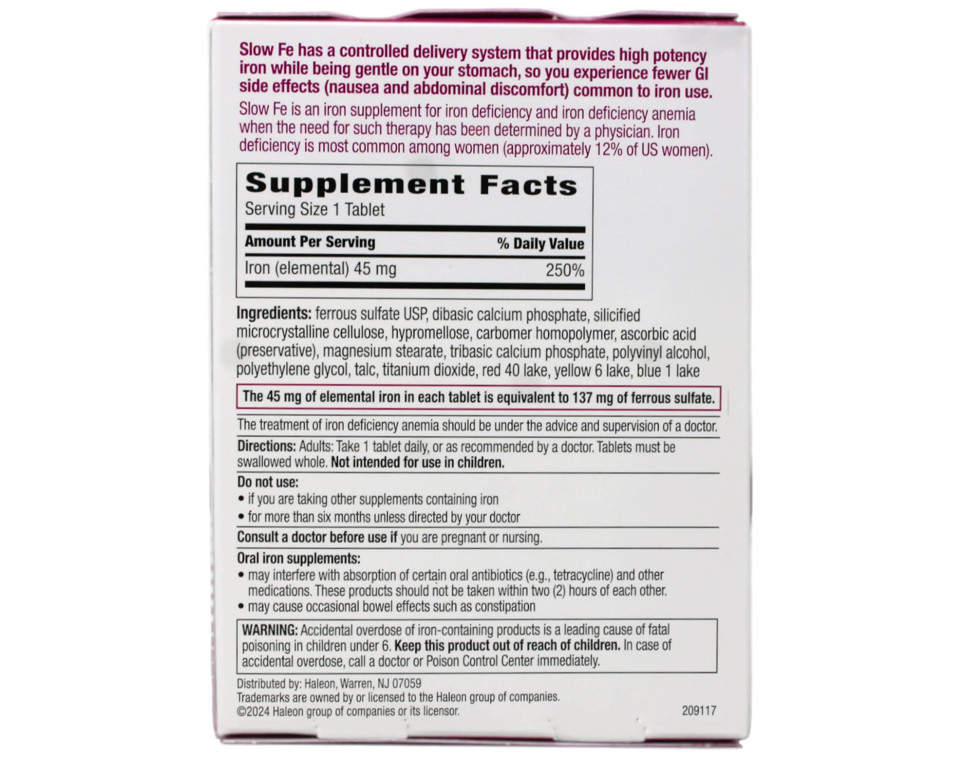 Slow Fe bottle back displays dosage guidance for daily use.