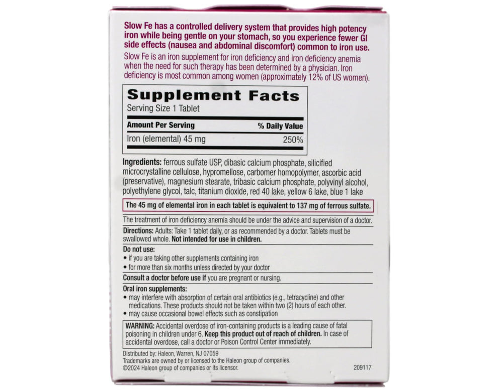 Slow Fe bottle back displays dosage guidance for daily use.
