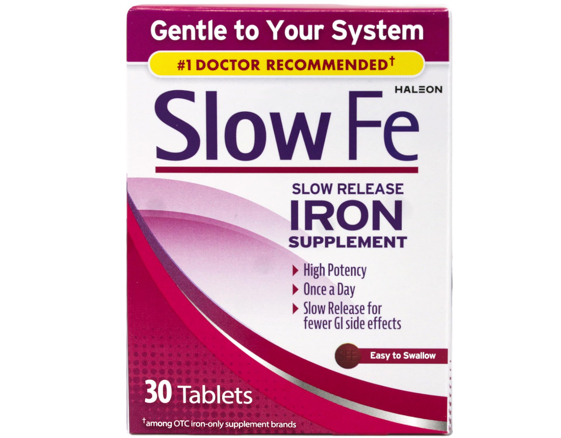 Slow Fe tablets close-up reveals 45 mg elemental iron potency.