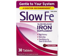 Slow Fe tablets close-up reveals 45 mg elemental iron potency.