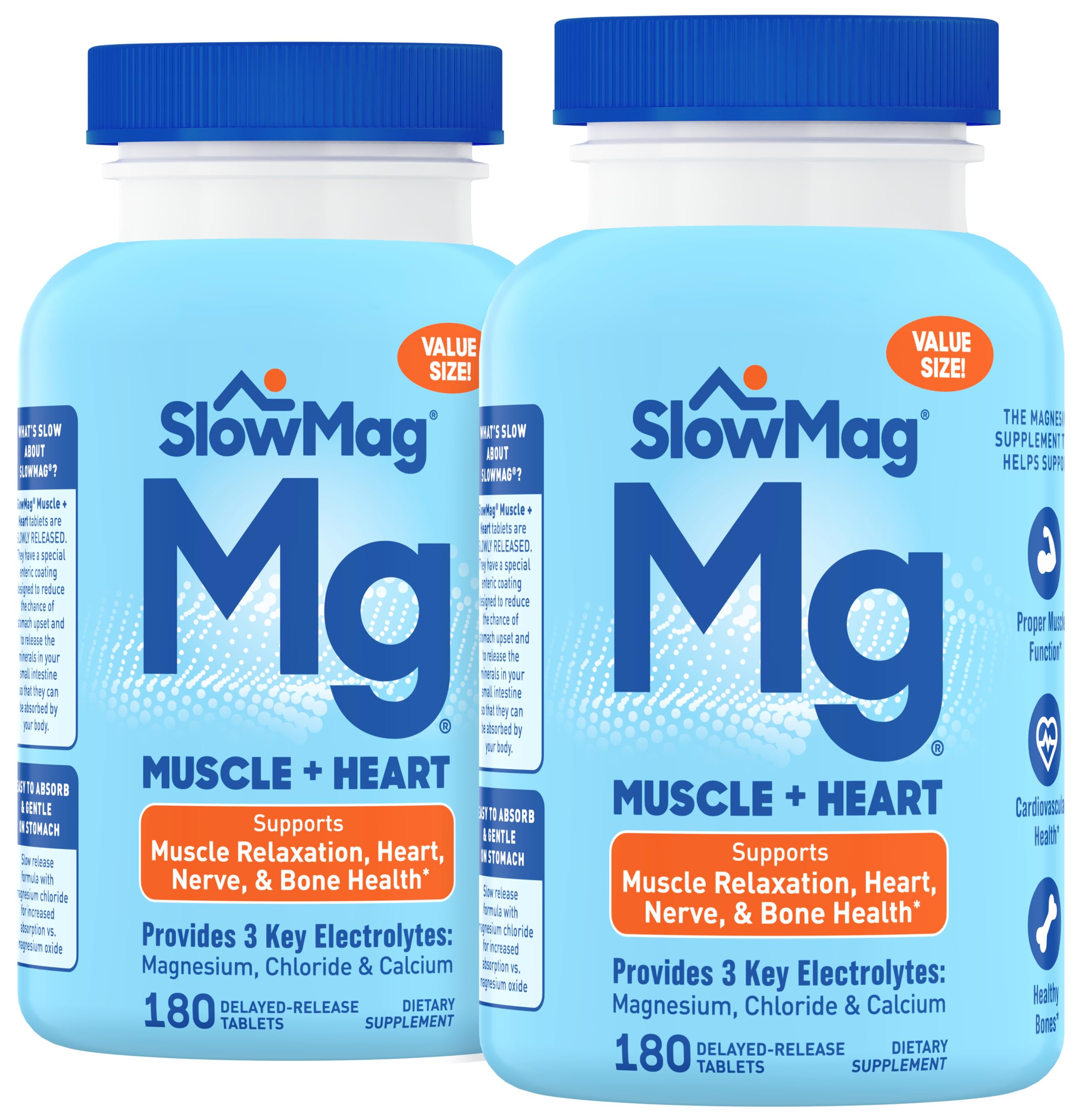 Slow-Mag bottle front showing electrolyte blend for muscle and heart support